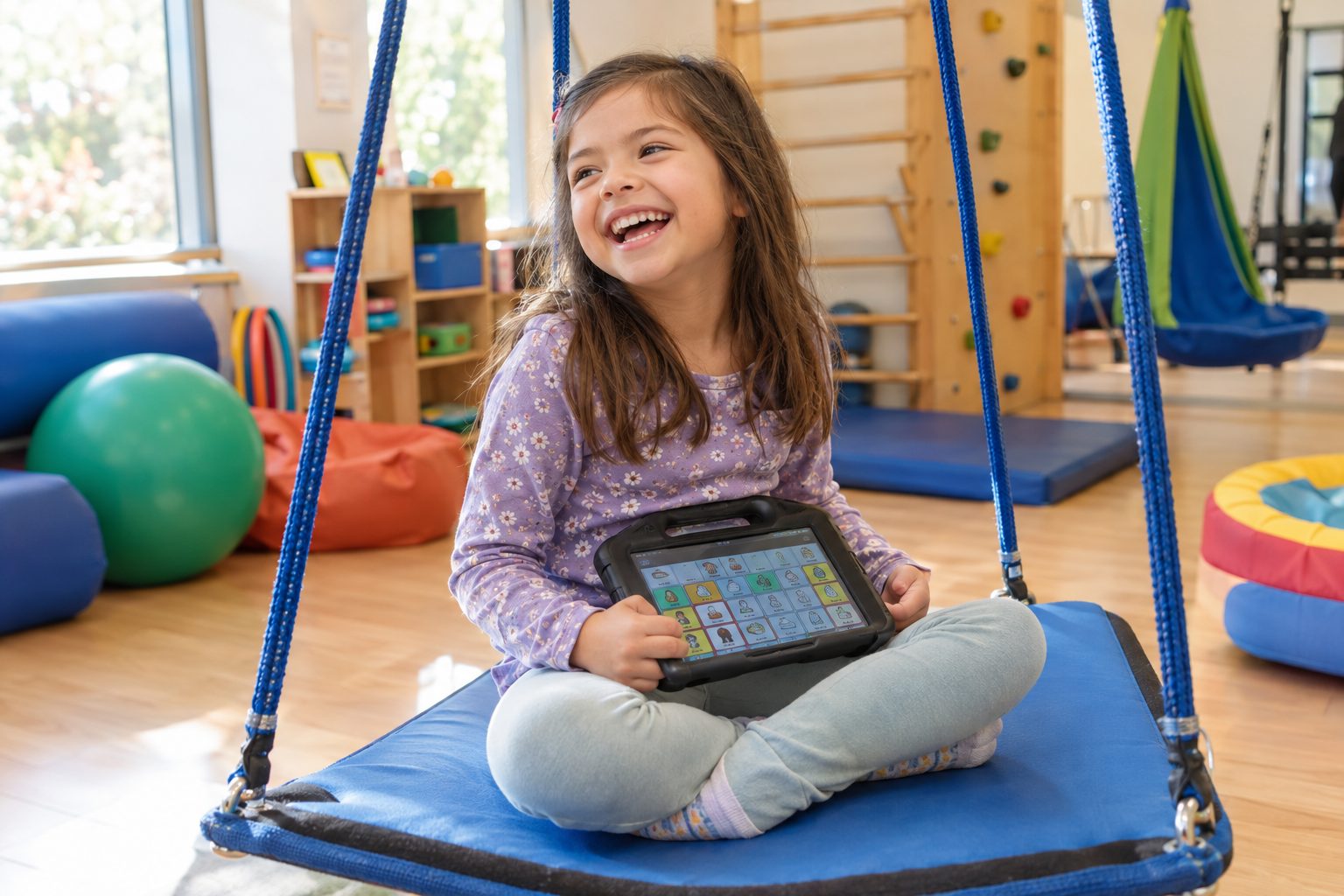 Child using a communication device in the sensory gym